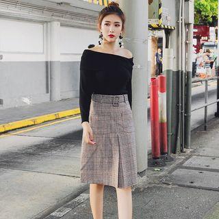 Plaid A-line Midi Skirt With Belt