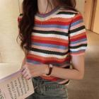 Short-sleeve Striped Knit Top Black & White & Pink - One Size