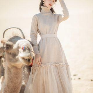 Long-sleeve Turtleneck Mesh Midi A-line Dress