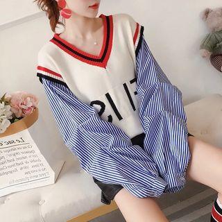 Mock Two-piece Striped Panel Letter Sweater
