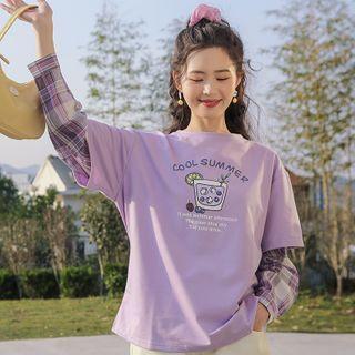 Long-sleeve Mock Two-piece Drinks Print T-shirt Purple - One Size