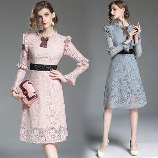 Bow Detail Long-sleeve A-line Lace Dress