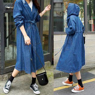 Open-front Hooded Long Denim Jacket Dark Blue - One Size