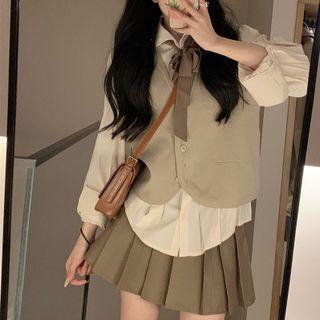 Long-sleeve Tie-neck Shirt / Plain Vest / Pleated Mini Skirt