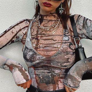 Mock Two Piece Printed Mesh Panel Crop Top