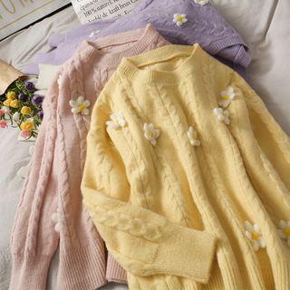 Flower-accent Cable-knit Sweater