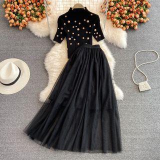 Set: Short Sleeve Knit Top + Mesh Overlay Skirt