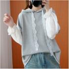 Lace Panel Bell-sleeve Hoodie Light Gray - One Size