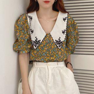 Floral Print Collared Puff-sleeve Blouse
