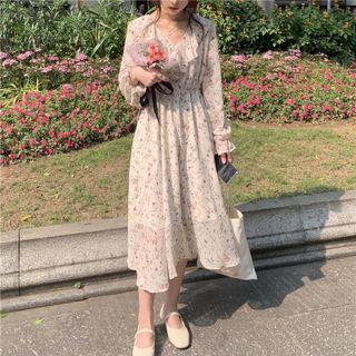 V-neck Floral Print Ruffled Chiffon Dress