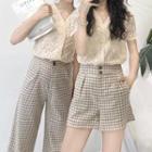 Lace Top / Plaid Shorts / Crop Wide Leg Pants
