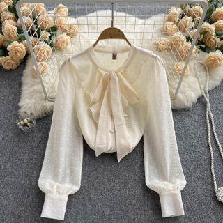 Lantern-sleeve Bow Collar Ruffle Dotted Top