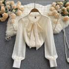 Lantern-sleeve Bow Collar Ruffle Dotted Top