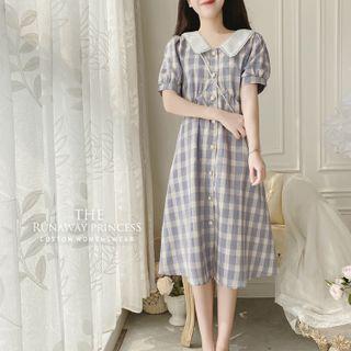 Puff-sleeve Collared Plaid Midi A-line Dress