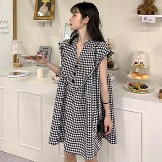 Cap-sleeve Buttoned A-line Mini Dress