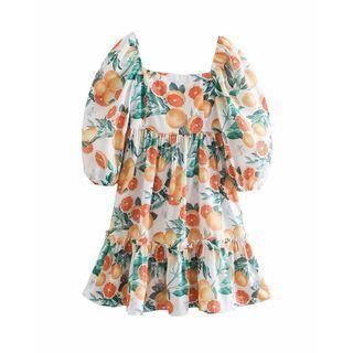 Puff-sleeve Fruit Print Mini A-line Dress