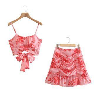 Set: Floral Print Tie-back Camisole Top + Ruched Mini Skirt