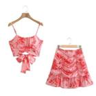 Set: Floral Print Tie-back Camisole Top + Ruched Mini Skirt