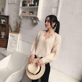 V-neck Wave Hem Sweater