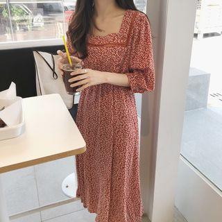 Flower Print Square-neck 3/4-sleeve A-line Midi Dress