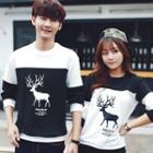 Couple Matching Color Block Deer Print Pullover
