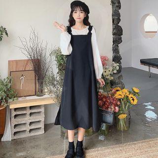 Long-sleeve Top / Plain Midi A-line Overall Dress