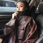 Faux Leather Loose-fit Stand-collar Biker Jacket