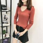 Embellished V-neck Long-sleeve Knit Top