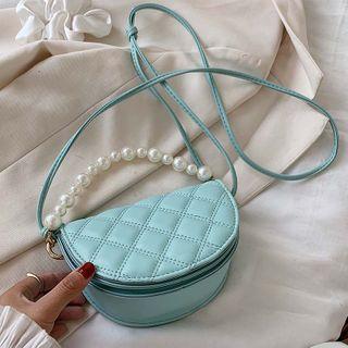 Quilted Faux Pearl Strap Saddle Crossbody Bag