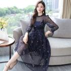 Butterfly Print 3/4-sleeve Midi A-line Dress