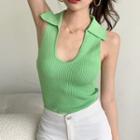 U-neck Sleeveless Knit Top Light Green - One Size