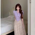 Short-sleeve Button Top / Floral Midi A-line Skirt