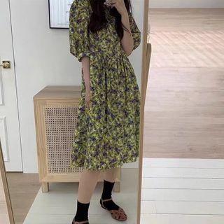 Floral Print Elbow-sleeve A-line Dress As Shown In Figure - One Size