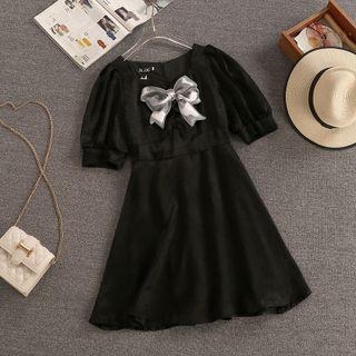 Puff-sleeve Bow Print A-line Dress