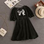 Puff-sleeve Bow Print A-line Dress