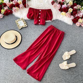 Off-shoulder Cropped Blouse + High-waist Wide-leg Pants