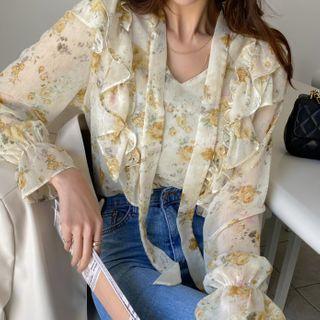 Tie-neck Sheer Rosette Blouse