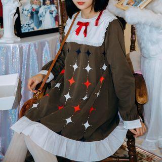 Diamond Pattern Ruffle Trim Long-sleeve Dress