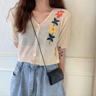Flower Embroidered V-neck Short-sleeve Knit Cardigan