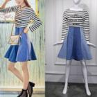 Striped Long-sleeve T-shirt / Color Block A-line Denim Skirt