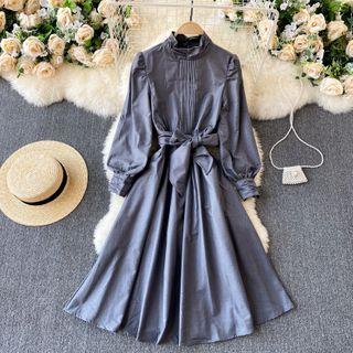 Long-sleeve Tie-waist Mock-neck Midi A-line Dress