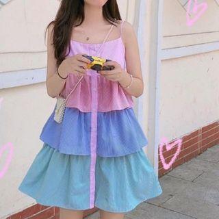 Spaghetti-strap / Short-sleeve Striped Tiered Dress