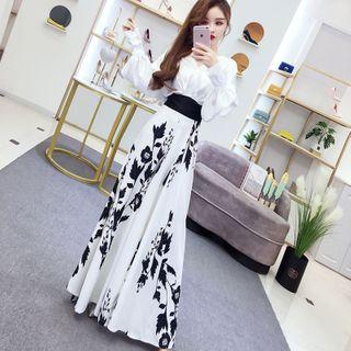Long-sleeve Blouse / Floral Print Wide-leg Pants