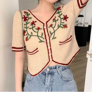Short-sleeve Embroidered Button Knit Top