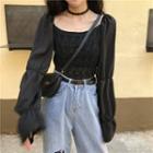 Square-neck Chiffon Bell-sleeve Knit Top Black - One Size