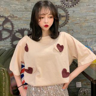 Elbow-sleeve Heart Applique T-shirt