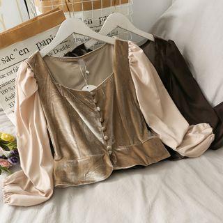 Patchwork Puff-sleeve Cropped Velvet Top