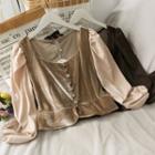Patchwork Puff-sleeve Cropped Velvet Top