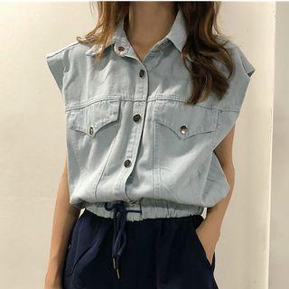 Sleeveless Drawstring Waist Denim Panel Playsuit