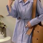 Long-sleeve Cut-out Shirt Dress Blue - One Size